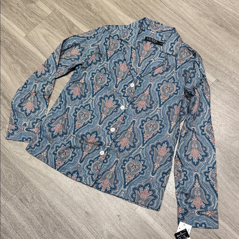 Lauren Ralph Lauren Blue and Pink Paisley Pajama Top, XS